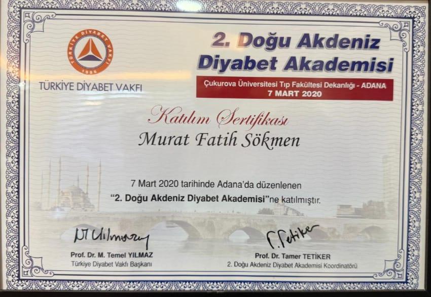 Dr. Fatih Sökmen 2. Doğu Akdeniz Diyabet Akademisi katılım sertifikası — Adana 2020