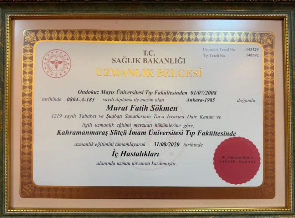 Dr. Fatih Sökmen İç Hastalıkları uzmanlık belgesi — T.C. Sağlık Bakanlığı, 2020