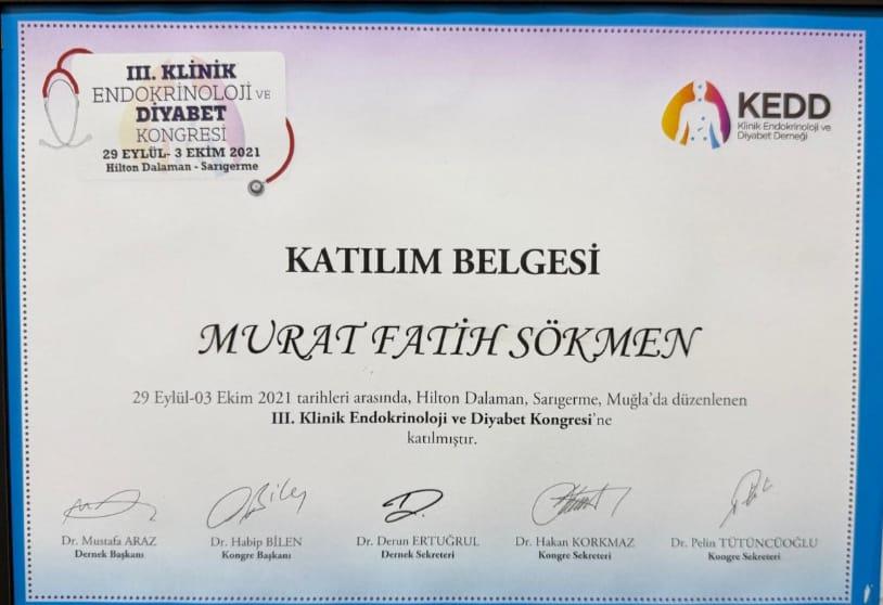 Dr. Fatih Sökmen III. Klinik Endokrinoloji ve Diyabet Kongresi katılım belgesi, 2021