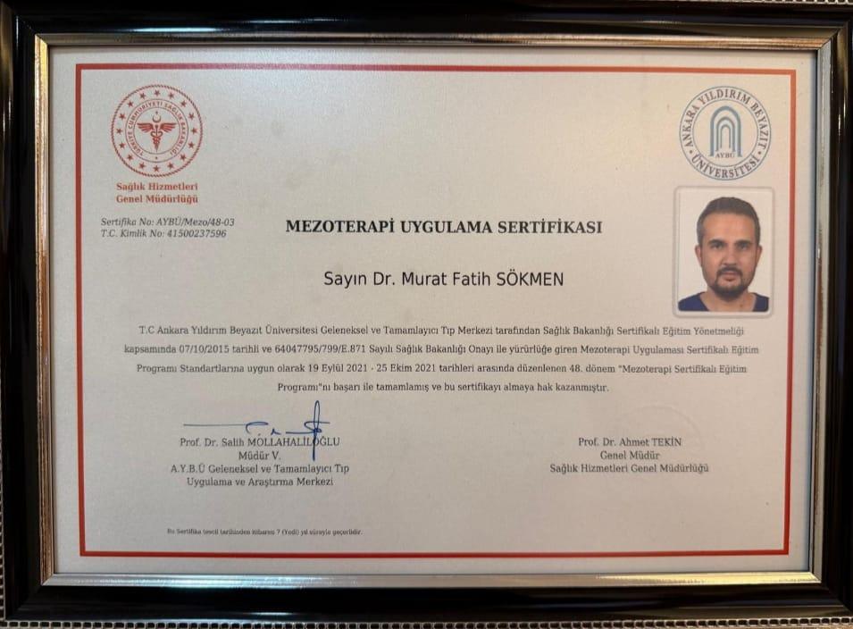 Dr. Fatih Sökmen mezoterapi uygulama sertifikası — AYBÜ ve Sağlık Bakanlığı, 2021