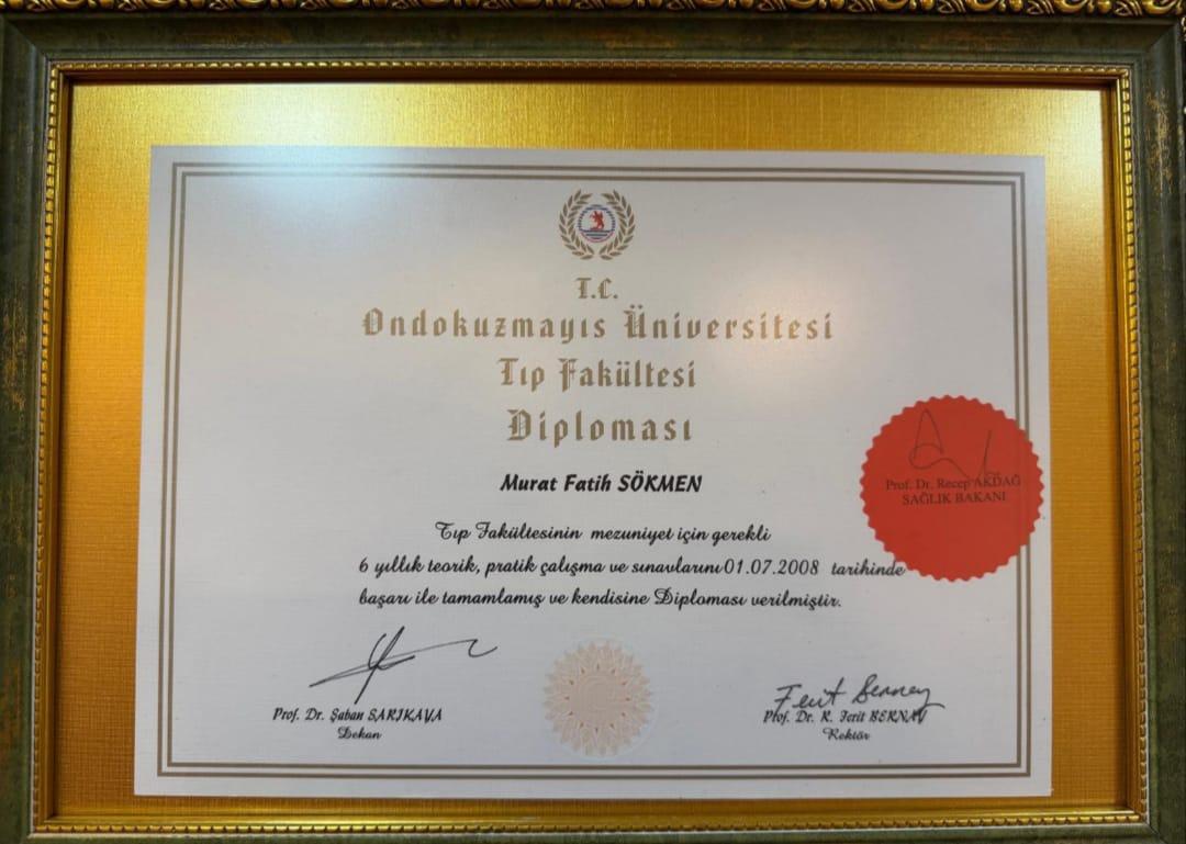 Dr. Fatih Sökmen OMÜ Tıp Fakültesi diploması — 2008 mezuniyet belgesi